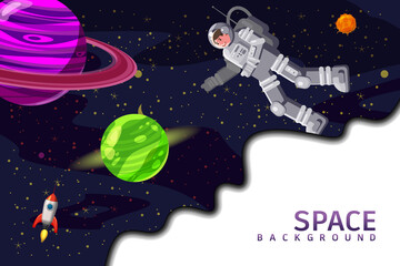 Space card background with spaceman, rocket, sun, planets, stars. Austronaut panoramic space template