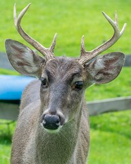 Cute deer with horns in the forest with blurred background