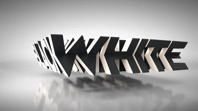 BLACK and WHITE. Rotating 3D wrap-around words changing from BLACK to WHITE and back, carved from one block in 2 colors. 3 versions. 3D animation with masks/mattes.