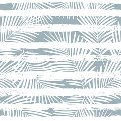Fototapeta na wymiar Tropical pattern, palm leaves seamless vector floral background. Exotic plant on sea stripes print illustration. Summer blue jungle print. Leaves of palm tree on paint lines.