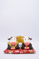 福助とおたふくの粘土人形　年賀状2021　丑年　