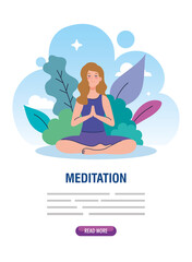 banner of woman meditating, concept for yoga, meditation, relax, healthy lifestyle in landscape vector illustration design
