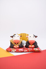 福助とおたふくの粘土人形　年賀状2021　丑年　