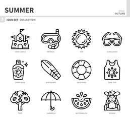 summer season icon set,outline style,vector and illustration