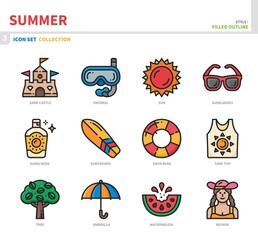 summer season icon set,filled outline style,vector and illustration