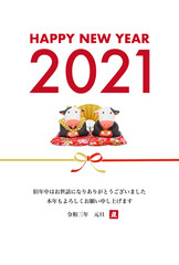 2021年　丑年の年賀状　福助とおたふくの粘土人形　水引