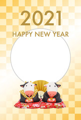 2021年　丑年の年賀状　福助とおたふくの粘土人形