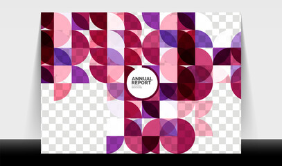 Horizontal A4 business flyer annual report template, circles and triangle style shapes modern geometric design for brochure layout, magazine or booklet