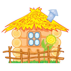 Obraz premium small country house with a thatched roof and with a sunflower in the garden, isolated object on a white background, vector illustration,