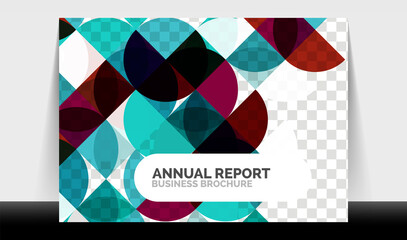 Horizontal A4 business flyer annual report template, circles and triangle style shapes modern geometric design for brochure layout, magazine or booklet