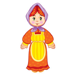 little girl with a scarf on her head and in an old dress someone daughter or granddaughter, fairy tale character, isolated object on a white background, vector illustration,