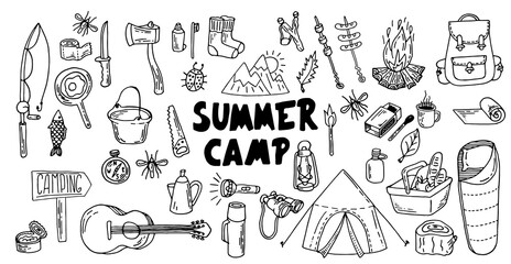 Set of vector pictures on the theme of camping. Doodle style. Suitable for postcards, for backgrounds, flyers, decorations, banners. It can be used as a sample for the designer. Eps 8.