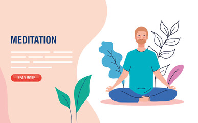 banner of man meditating, concept for yoga, meditation, relax, healthy lifestyle in landscape vector illustration design
