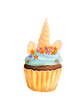 Watercolor Unicorn floral cupcake, blue cream decorated with pastel horn and ears.  Illustration hand drawn, brush paint on texture paper, isolated on white background.