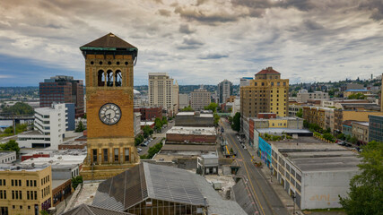Fototapeta na wymiar Aerial View Over The Old City Hall Clock Tower and Downtown Tacoma Washington