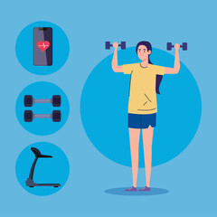 sport and leisure, woman with weights and sport icons vector illustration design