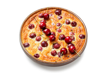 Traditional french pie clafoutis with cherry . isolated on white background