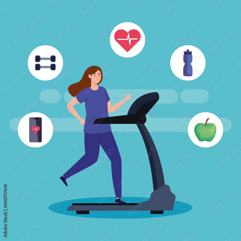 Poster sport, woman running on treadmill, sport person at the electrical training machine, with sport icons vector illustration design