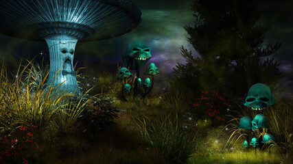 Toxic mushrooms in enchanted forest