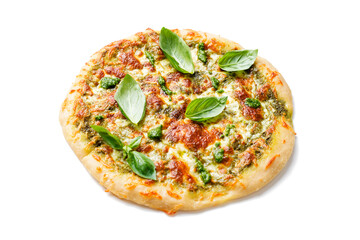 Fresh baked homemade pizza or pie with basil pesto sauce,mozzarella cheese and fresh basil leaves. isolated on white background