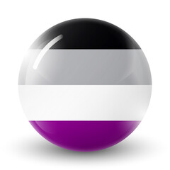 Glass light ball with flag of Asexual. Round sphere, template icon. Glossy realistic ball, 3D abstract vector illustration. Love wins. Asexual logo symbol sticker in rainbow colors. Pride collection.