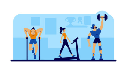 Fototapeta na wymiar Gym workout with equipment flat concept vector illustration
