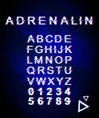 Fototapeta na wymiar Adrenaline glitch font template. Retro futuristic style vector alphabet set on dark blue holographic background. Capital letters, numbers and symbols. Hormone typeface design with distortion effect