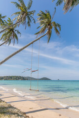 palm trees and swings on the beach,
Koh Mak beach, Koh Mak Island , Thailand.