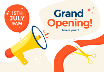 Grand opening poster or banner with balloon and megaphone. Scissors cutting the red ribbon. Vector flat illustration