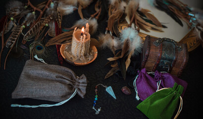 Old world, Magic attributes for rituals and fate prediction, details on a table of witch, occultism...