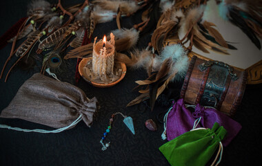Old world, Magic attributes for rituals and fate prediction, details on a table of witch, occultism...
