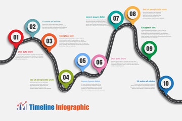 Road map business timeline infographic with 10 steps designed for background elements diagram planning process web pages workflow digital technology data presentation chart. Vector illustration
