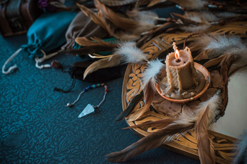 Old world, Magic attributes for rituals and fate prediction, details on a table of witch, occultism...