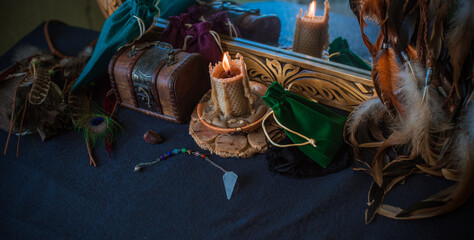 Old world, Magic attributes for rituals and fate prediction, details on a table of witch, occultism...
