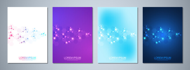 Set of template brochures or cover design, book, flyer, with molecules background and neural network. Abstract geometric background of connected lines and dots. Science and technology concept.