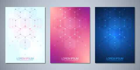 Template brochures or cover design, book, flyer, with an abstract background of hexagons shape pattern. Template design with concept and idea for science and innovation technology.