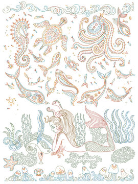 Vector contour thin line for batik paint. Mermaid writes a love letter with a quill pen on a scroll of paper. Colorful doodle fish and sea animal sketch. Adults Coloring book page, Post card © L. Kramer