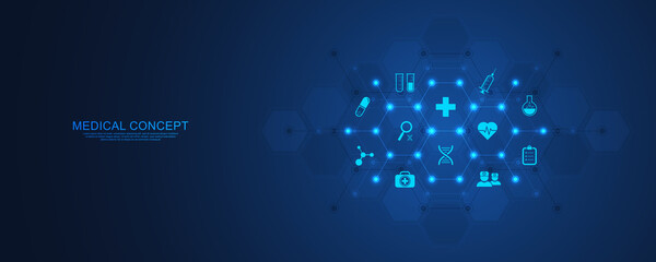 Healthcare and technology concept with flat icons and symbols. Template design for health care business, innovation medicine, science background, medical research. Vector illustration.