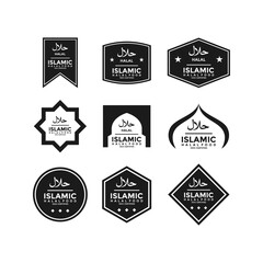 Obraz premium Set of halal food products labels, badges and logo design. Vector Halal sign certificate tag.