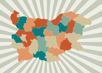 Bulgaria map. Poster with map of the country in retro color palette. Shape of Bulgaria with sunburst rays background. Vector illustration.