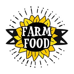 Farm food inscription with a sunflower in a frame.