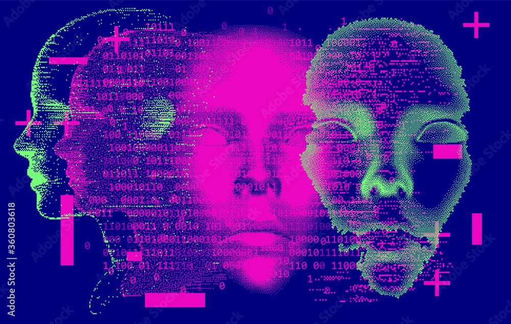 Poster Abstract technology background with binary code and 3d face mask. Conceptual illustration of Artificial intelligence.