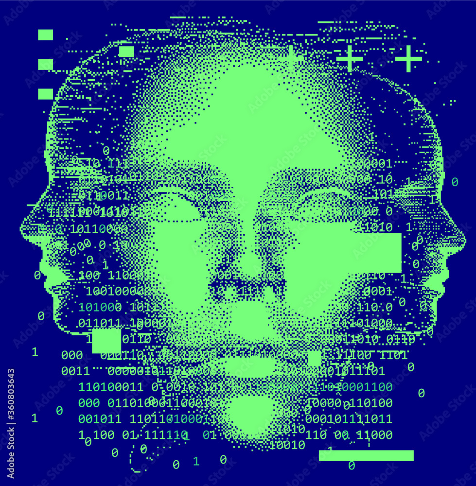 Poster Abstract technology background with binary code and 3d face mask. Conceptual illustration of Artificial intelligence.