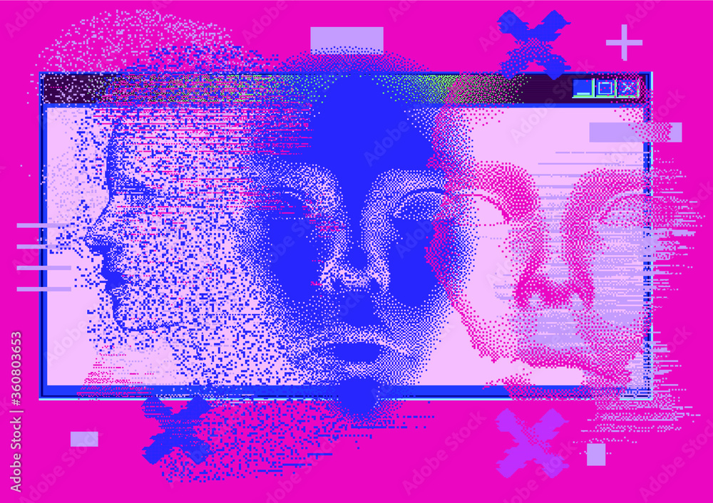 Poster Abstract technology background with 3D face mask and user interface elements in pixel art style. Conceptual illustration of Artificial intelligence.
