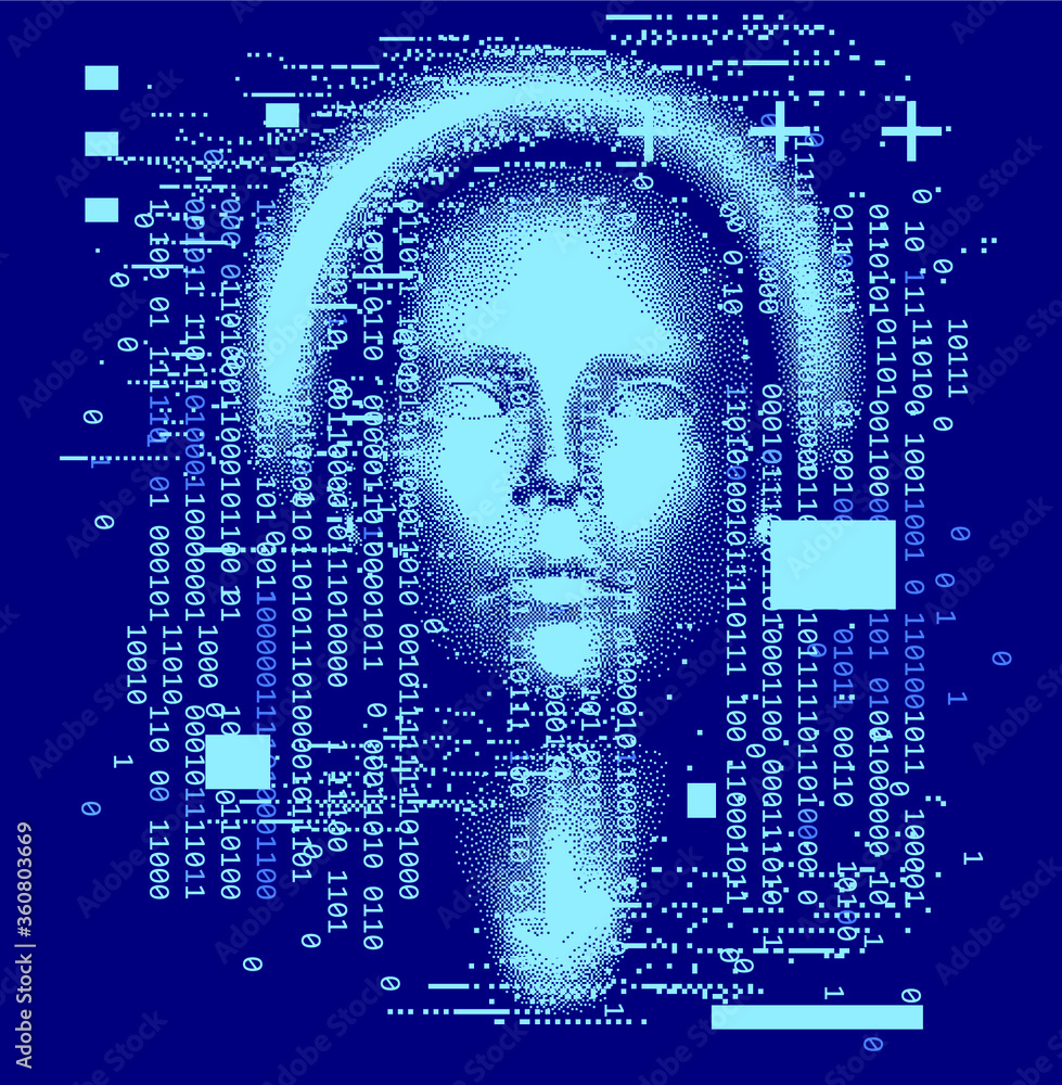 Aufkleber Abstract technology background with binary code and 3d face mask. Conceptual illustration of Artificial intelligence.