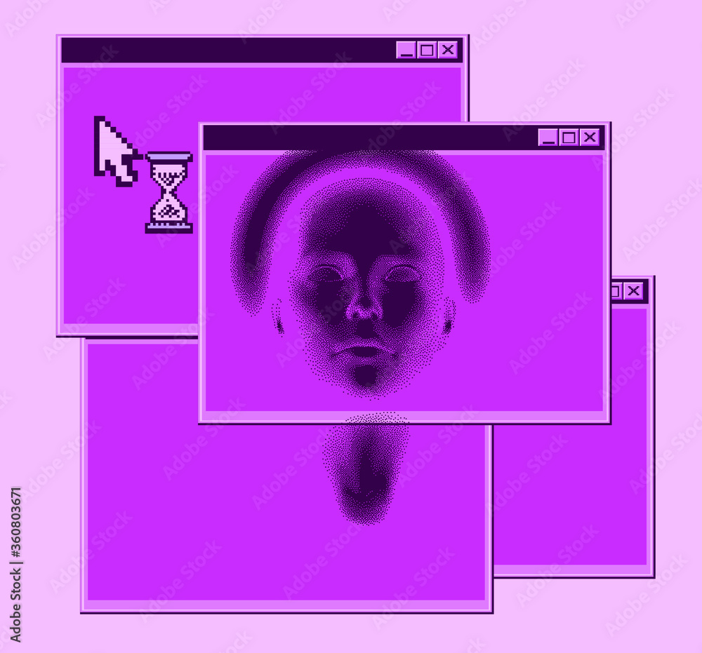 Poster Abstract technology background with 3D face mask and user interface elements in pixel art style. Conceptual illustration of Artificial intelligence.