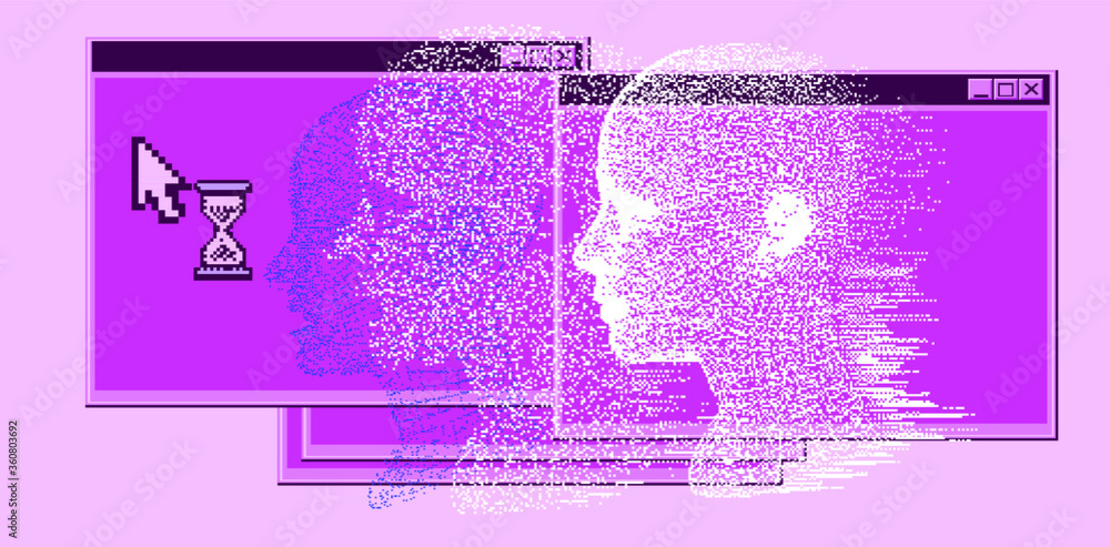 Poster Abstract technology background with 3D face mask and user interface elements in pixel art style. Conceptual illustration of Artificial intelligence.