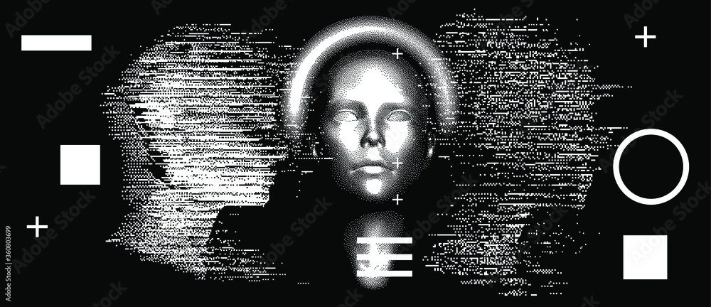 Poster Silhouette of a human made in pixel art style. Conceptual image of AI (artificial intelligence), VR (virtual reality), Deep Learning  and Face recognition systems.
