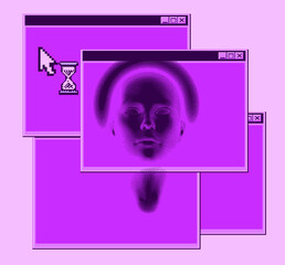Abstract technology background with 3D face mask and user interface elements in pixel art style. Conceptual illustration of Artificial intelligence.