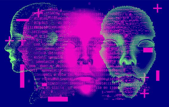 Abstract technology background with binary code and 3d face mask. Conceptual illustration of Artificial intelligence.